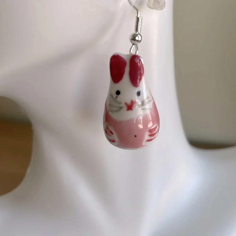 HAND CRAFTED EASTER BUNNY EARRINGS Ceramic Pink White Silver Gold Whimsical Fun